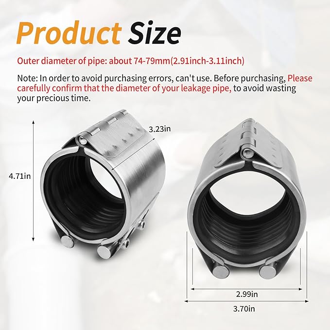 Pipe Repair Clamp Kit -3 Inch 74mm-79mm High Pressure Resistant Pipe Coupling Clamp for Plastic&Metal Pipes, Emergency Duty Leak Sealer with Stainless Steel, Quick Fix for Water/Gas/Oil Lines