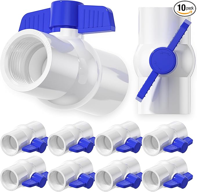 10PCS 1" NPT PVC Ball Valve, SCH40 PVC Water Pipe Valves Threaded, Blue T Handle Water Shut-Off Ball Valve, Shut Off Valves Socket for Water Project, Swimming Pool, Sprinkler Lines, Irrigation System