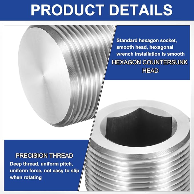 PATIKIL 2 Pcs 304 Stainless Steel Pipe Plug M33 x 2 Male Internal Hex Thread Socket Pipe Plug Hex Countersunk Pipe Fitting for Sealing Water Oil Gas Pipeline, Silver