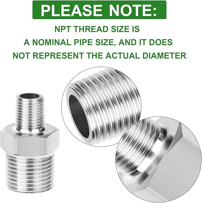 TAISHER 10PCS 304 Stainless Steel New Hex Nipple, 3/8" NPT Male x 1/8" NPT Male, Reducing Pipe Adapter Fitting
