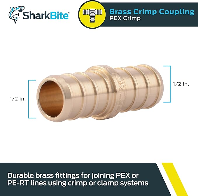 SharkBite 1/2 Inch Crimp Coupling, Brass Plumbing Fitting, PEX Pipe, PE-RT, UC008LFA
