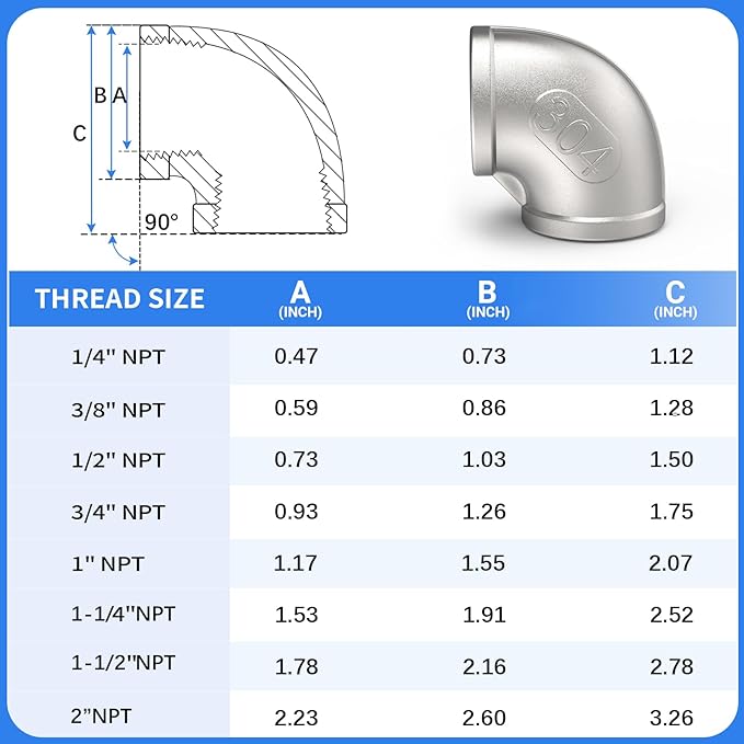 ChillWaves 304 Stainless Steel Pipe Fitting, 90 Degree Elbow 1/2" NPT Female x 1/2" NPT Female Thread Adapter(6-PACK)