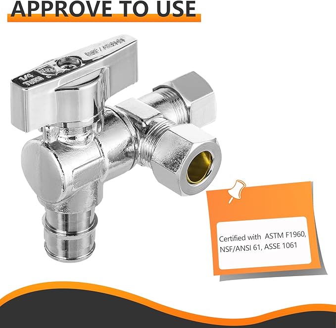 50-PCs HeSun PEX Expansion Inlet Angle Stop Valve, Quarter-Turn 1/2" PEX-A x 3/8" OD x 3/8" OD Compression, Dual Compression Outlet Shut Off Valve, Chrome Plated Brass, ASTM F1960(VALVE203-50)