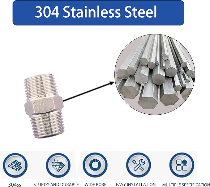 1" Male x 1/4" Male NPT Threaded Reducing Hex Nipple ，304 Stainless Steel Reducing Pipe Fitting Nipple Adapter With Teflon Plumbers Tape (Pack of 2)