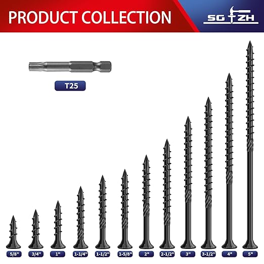 #10 x 2-1/2" Deck Screws (795Pcs) 10lb. Carbon Steel, Black, Flat Head, Rust Resistant epoxy Coated, with T25 Star Bit