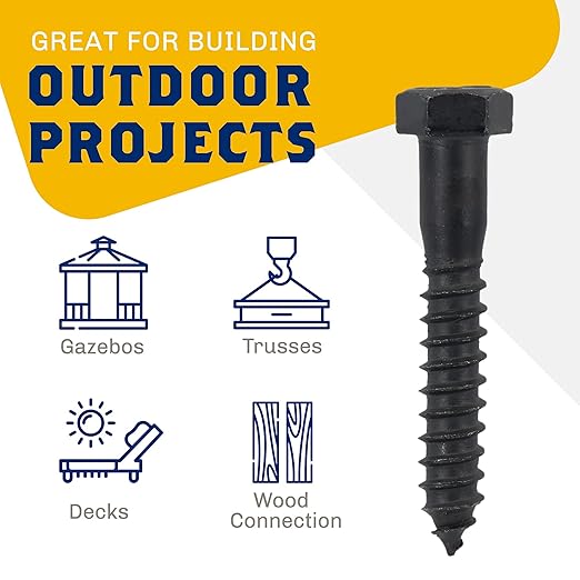 1/2" x 3”, 25-Piece Black Lag Bolts, Rustproof 4-Layer Ceramic BLAKOTE, 2X Protection of Galvanized Lag Screws, for Decks Pergolas by Makers Bolt
