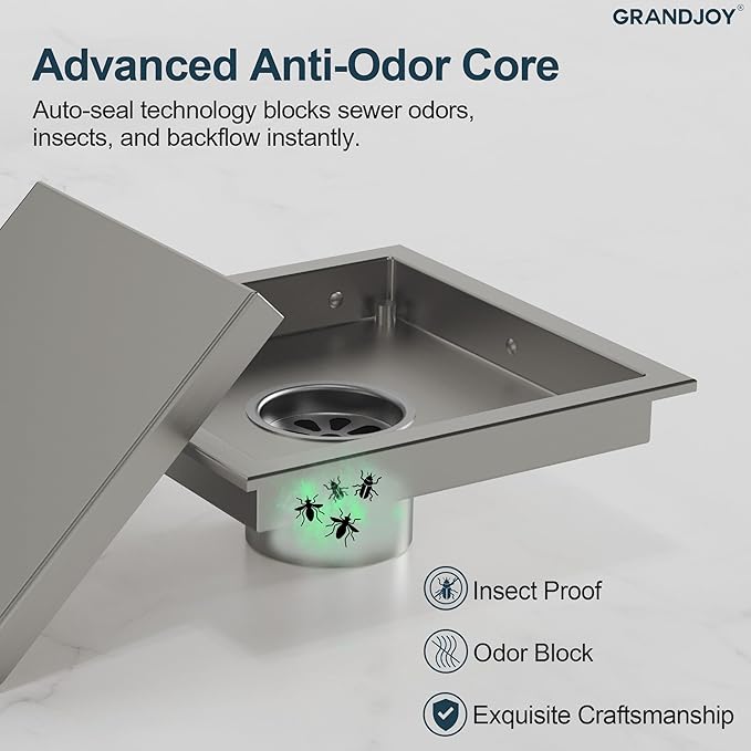 6 Inch Square Shower Floor Drain, Brushed Nickel SUS304 Stainless Steel Grid Grate with X-Shaped High Flow Channel, Anti-Clogging Hair Strainer, Standard 2" Outlet