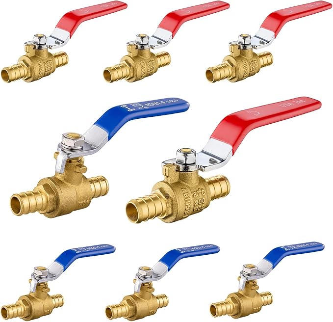 8-Pack Foskan 1/2" PEX Crimp Ball Valve, Brass Quarter Turn Full Port Shut-off Valve for PEX Tubing(Blue and Red)