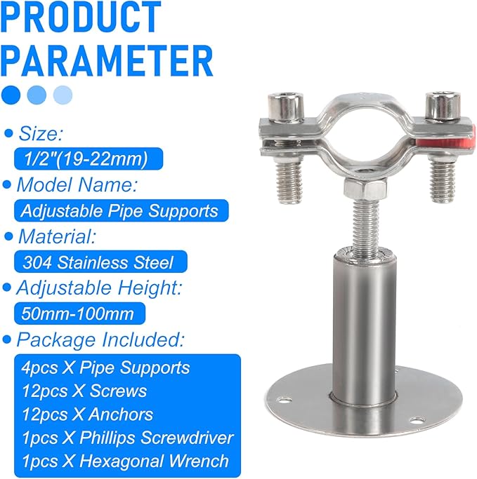Kodilin 4PCS 304 Stainless Steel Wall Mount Ceiling Mount Pipe Supports,Suitable for OD Pipe 1/2"(19-22mm),Adjustable Height 50-100mm,Adjustable Pipe Strap Clamp with Screws