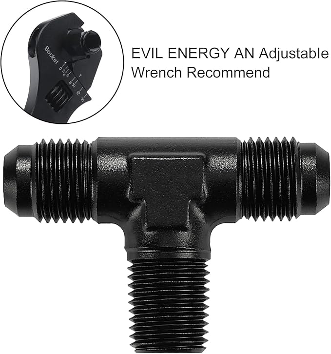 EVIL ENERGY 6AN Tee Male Flare to 1/4 NPT on Side Branch T Fitting Adapter Aluminum Black