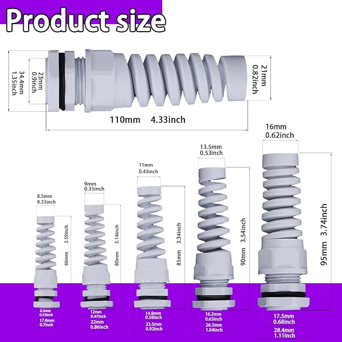 Swpeet 22Pcs 6 Sizes 3mm-18mm Waterproof Cable Gland Conduit Fittings with Gasket, Flex Spiral Strain Relief White Nylon Pigtail Cord Joint Cord Connector Adjustable Locknut for Cable Wire