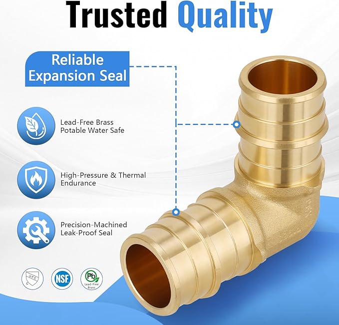 (10-Pack YVSKM) 3/4" PEX-A 90° Elbow Expansion Fitting, Lead-Free Brass Full Flow Connector, ASTM F1960 & cUPC Certified for Residential Hot & Cold Water and Radiant Heating Systems