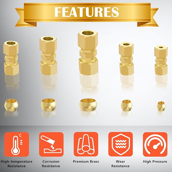 46PCS Brass Compression Tube Fitting Assortment kit- 1/8", 3/16", 1/4", 5/16", 3/8" OD Compression Fittings, Compression Sleeves Ferrules &Compression Union Connector