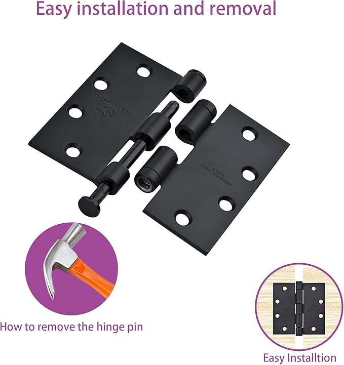 Matte Black Heavy Duty Door Hinge 4.5 X 4.5 Inch Ball Bearing Commercial Hinges Square Corners Interior and Exterior Hardware for 4-1/2 Doors Hinge Grade ANSI/BHMA A156 Grade 1.