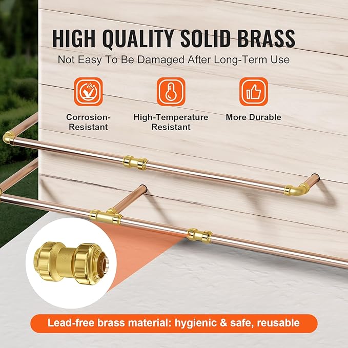 VEVOR Pipe Fittings, 1/2" 12PCS Brass Pipe Fittings, Straight-Through Push-Fit Pipe Connector Brass Air Fittings, Heavy Duty Plumbing Fittings Adapter for Heating/Shower Systems, Water Pipes