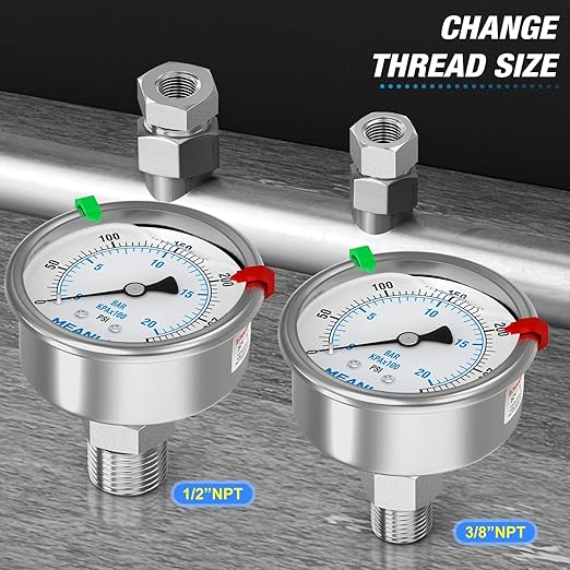 MEANLIN MEASURE 0~300Psi Stainless Steel Liquid Filled Pressure Gauge 2.5" FACE DIAL 1/4" NPT for Air Compressor Air Regulator Water Filter Back Mount with Stainless Steel Hex Bushing and Snaps