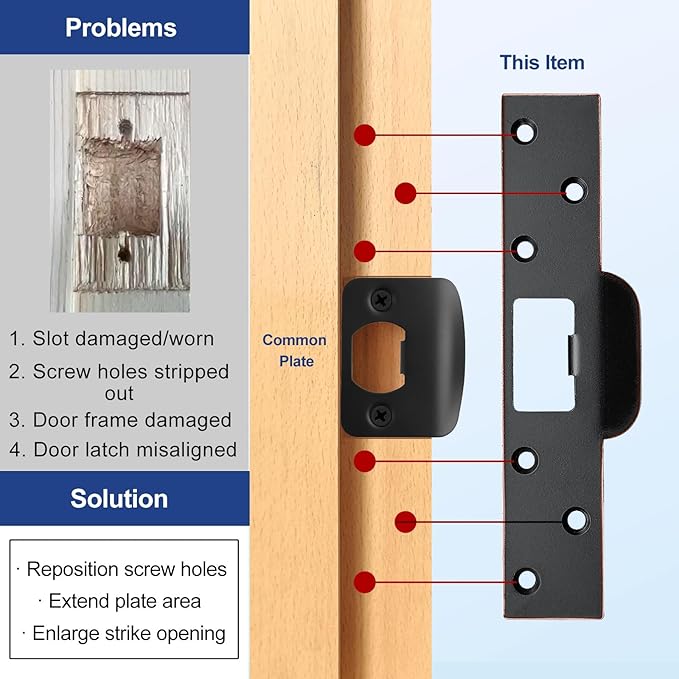Door Strike Plate 7" Oil Rubbed Bronze, Screw Holes Relocation for Repairing Damaged Worn Frame/Slot/Jamb, Large Hole to Fix Latch Sticking, Reinforcement Striker