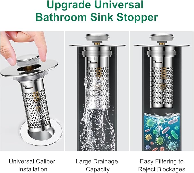 Bathroom Sink Drain Strainer,Pop-Up Sink Stopper Hair Catcher, Anti-Clog Stainless Steel Drain Filter Basket, Removable Sink Drain for Bathroom Sink Stopper Replacement (Silver-2)