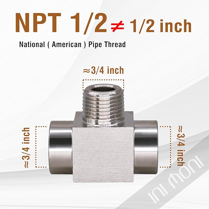 tee pipe fitting NPT 1/2 female x male x female thread 3 way t adapter, stainless steel 304 hose fitting tee t shape pipe connector for fuel system and air supply line, heavy duty 4350 psi
