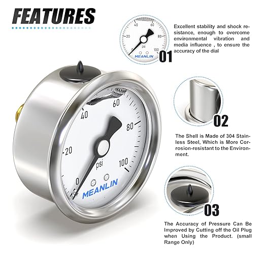 MEANLIN MEASURE 0~100Psi Stainless Steel 1/4" NPT 2.5" Single Scale FACE DIAL,Glycerin Filled Pressure Gauge, WOG Water Oil Air Back Mount, with 1/4" x 1/2" NPT and 1/4" x 3/8" NPT Hex Bushing