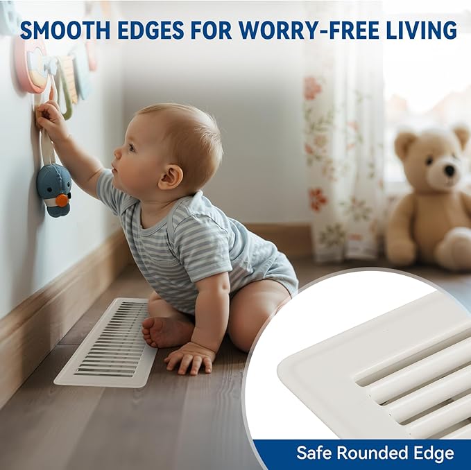 4" x 12" Floor Register Vent Covers 4-Pack, Walkable Powder-Coated Metal Vent Covers with Adjustable Airflow, Curved Safe Edges for Floor/Wall, White