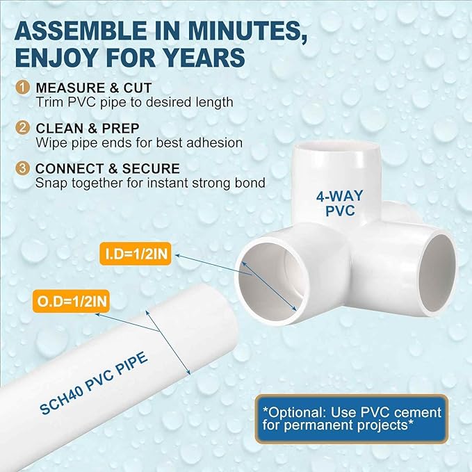 18 Pack 1/2" SCH40 PVC Elbow Pipe Fitting, 4-Way PVC Elbow Corner Side Outlet Tee Fitting, Furniture Grade Pipe Connectors for DIY Project, Pond Protection, Socket x Socket