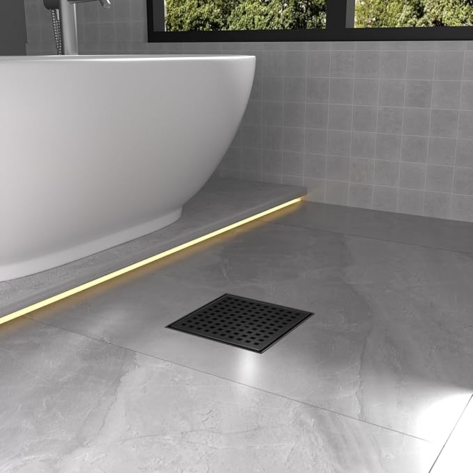 Square Shower Drain | 6 Inch AISI 304 Stainless Steel Shower Drain Kit with ABS Flange, Hair Strainer, Matte Black Shower Floor Drain with Removable Grid Cover, in Bathroom, Kitchen, Balcony etc.