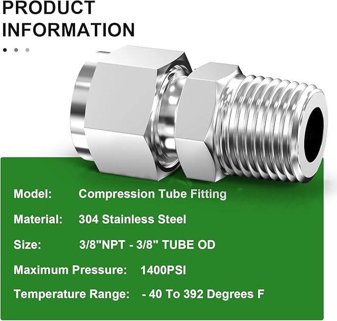 TAISHER 2PCS 304 Stainless Steel Compression Tube Pipe Fitting Connector, 3/8" Tube OD x 3/8" NPT Male Straight Adapter