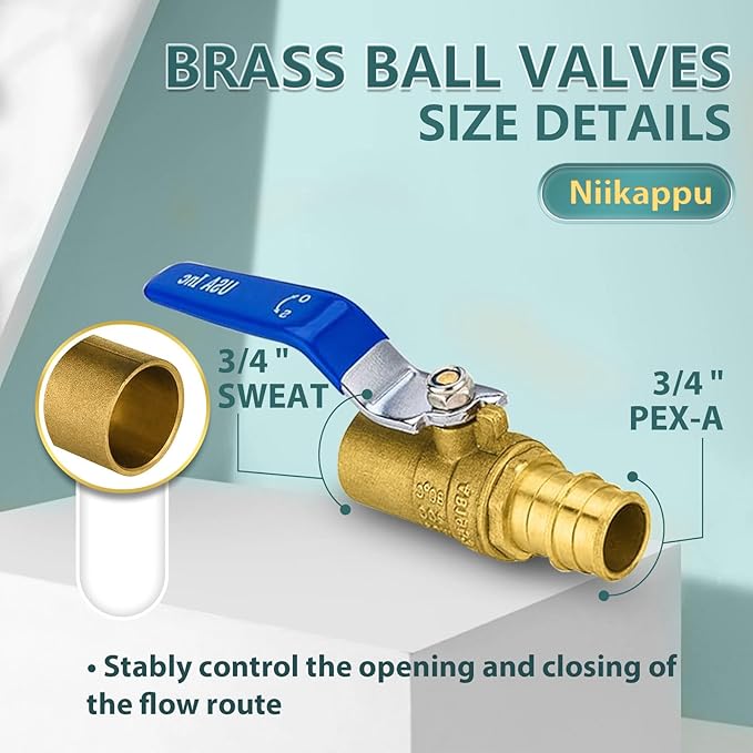 5 Pack Ball Valves, 3/4 Inch Pex A X 3/4 Inch Sweat Blue Shut Off Valve, No Lead Brass Full Port Pex Expansion Shut Off Ball Valve for Hot and Cold Water, ASTM F1960, NSF/ANSI 61 Certified
