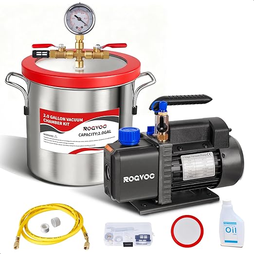 2 Gallon Vacuum Chamber Kit with 3.5 CFM Vacuum Pump, Stainless Steel Degassing Chamber with Acrylic Lid, Hose, for Resin, Silicone, Epoxy and Wood Stabilizing