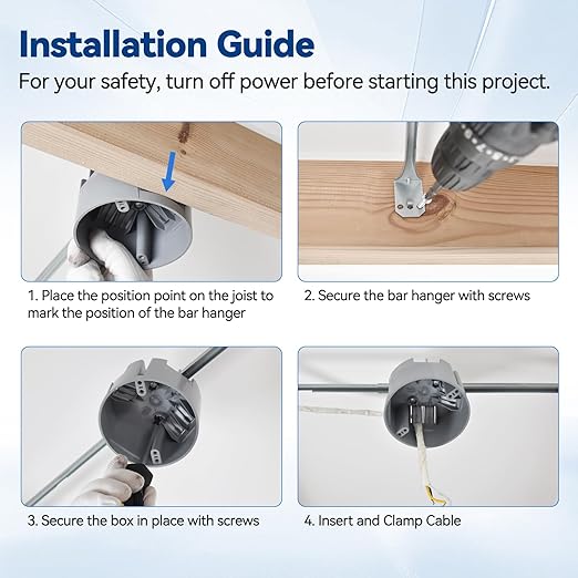 Round Electrical Box with Hanger Bar, 14"/18"/23.5" Adjustable, PVC Ceiling Box for Lights, 20 CU.in, UL Listed, 6 Pack
