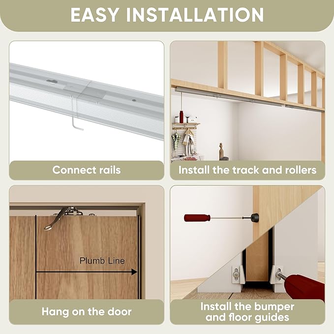 10FT Double Pocket Door Track Kit, 2 Sets of 56.7" Spliced Rail, Suitable for Double Door Width 48"-60"(Single Panel 24"-30"), Slide Quietly and Smoothly, Easy to Install