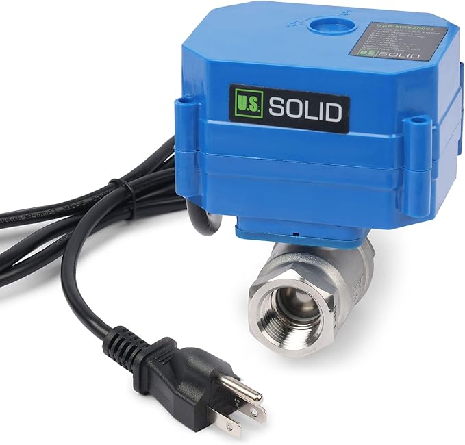 U.S. Solid 1/2" NPT 2-Way Motorized Ball Valve with US Plug 110VAC 304 Stainless Steel Electrical Ball Valve, Auto Return, Normally Closed, IP65, NSF Certified