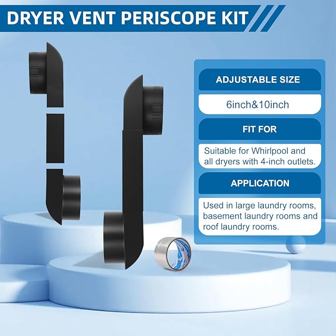 OEM Upgraded Periscope Dryer Vent (DIY) Design 6.5"&12" Adjustable length for Tight Spaces, compact dryer vent,Includes 1 Rolls Foil Tape(stainless steel Black) Renovation of laundry room space