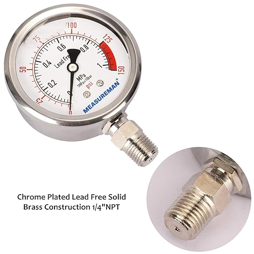 MEASUREMAN Lead-Free Glycerin Filled Reverse Osmosis Pressure Gauge, 2-1/2" Dial Size, 1/4" NPT Lower Mount, 0-150psi/Mpa