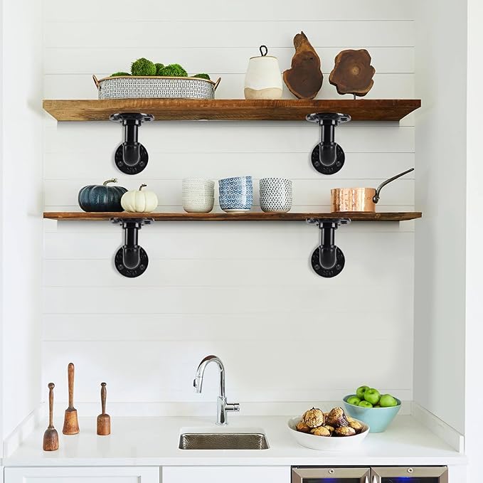 L-Shaped Industrial Pipe Shelf Brackets, Black Metal Wall-Mounted Floating Shelf Supports for 8-14 Inch Plates, Heavy-Duty DIY Rack Supports (4-Pack)