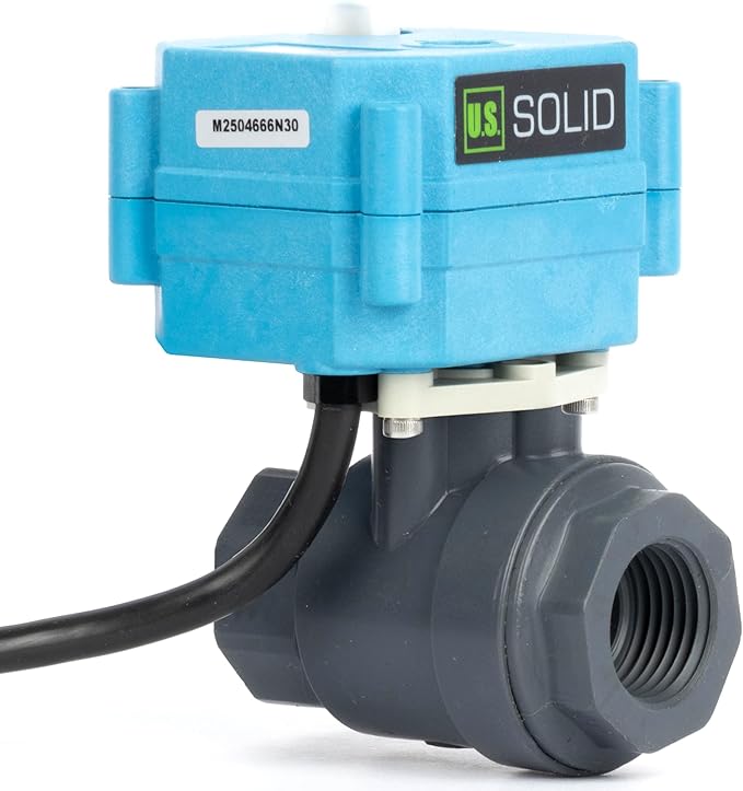U.S. Solid 3/4” PVC Motorized Ball Valve - Plastic Electrical, US Plug, IP 67, Manual Override, 2 Wire Auto Return, AC 110~230V, Normally Closed