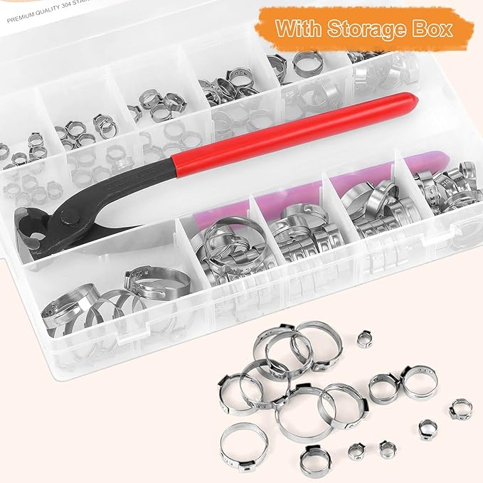 𝟭𝟮𝟬𝗣𝗖𝗦 𝟭𝟭 𝗦𝗶𝘇𝗲𝘀 𝗦𝗶𝗻𝗴𝗹𝗲 𝗘𝗮𝗿 𝗛𝗼𝘀𝗲 𝗖𝗹𝗮𝗺𝗽𝘀 304 Stainless Steel, 6-33.1mm Stepless Cinch Rings Crimp Assortment Kit with Ear Clamp Pincer for Securing Pipe Hose By Hydencamm