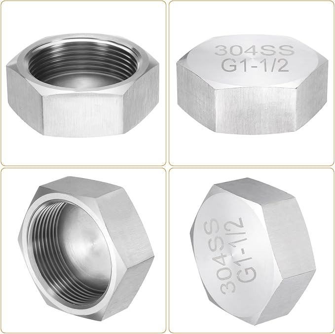uxcell Hex End Cap 304 Stainless Steel Nut with Washer, G1-1/2 Female Thread Pipe Fitting, Gas Line Water Line Stop Valve Cap Tubing Ends for Plumbing Fittings, Silver Tone