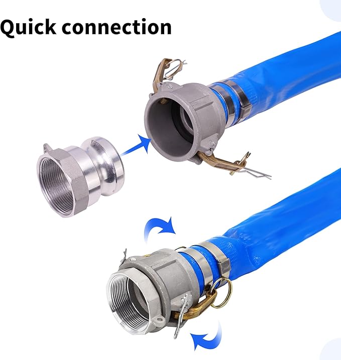 2" x 100ft PVC Lay Flat Discharge Hose With Aluminum Camlock C & E Fittings, Cam Lock Fitting Type A included, Heavy Duty Reinforced Pump Backwash Hose Assembly