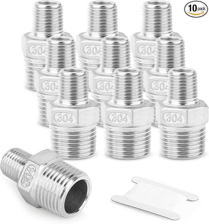 10PCS 304 Stainless Steel Reducing Hex Nipple, 3/8" x 1/4" Male NPT Straight Head Pipe Adapter Fittings, Reducer Nipples Connectors for Oil, Water Line, Gas
