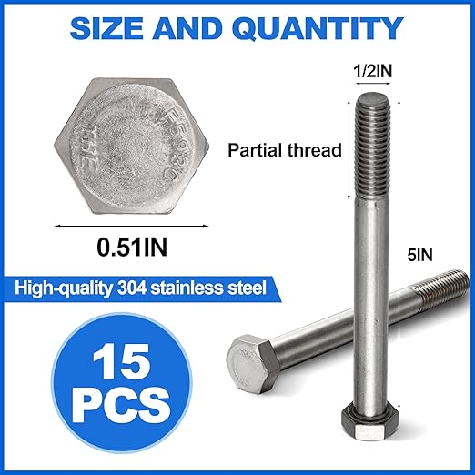 15 Pack 1/2-13 x 5'' Hex Head Cap Screw Bolt 304 Stainless Steel Half Thread External Hex Drive Screw Bolt Fastener for Wet Outdoor Metal Framing Concrete Reinforcement Railing Trellises