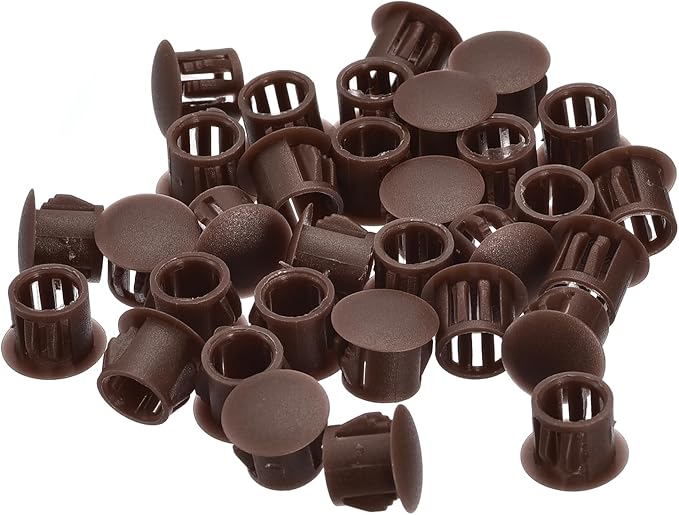 uxcell 10mm(25/64") Plastic Hole Plugs, 36Pcs Flush Type Panel Round Snap in Fastener Knockout Locking Plugs for Furniture Insert End Caps Panels, Brown