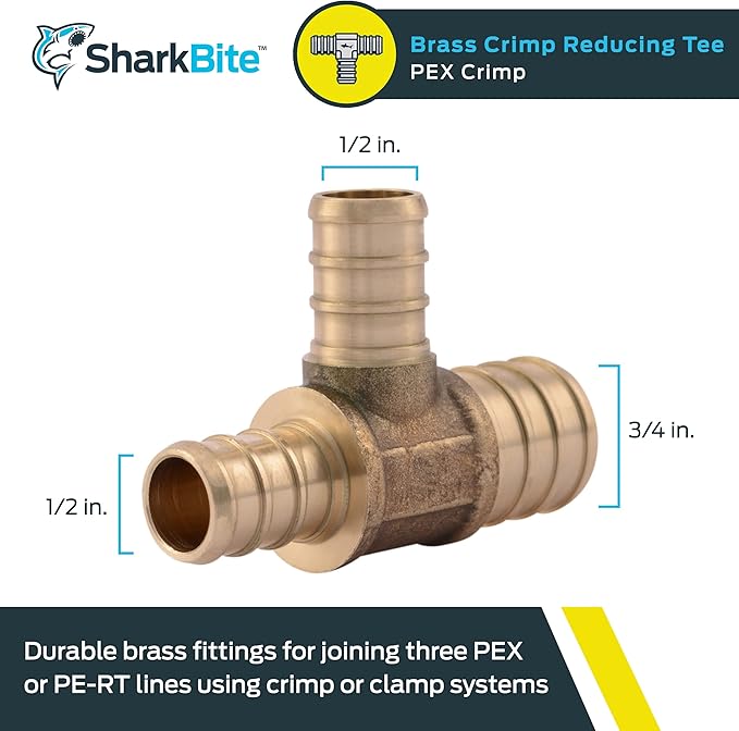 SharkBite 3/4 Inch x 1/2 Inch x 1/2 Inch Crimp Reducing Tee, Brass Plumbing Fitting, PEX Pipe, PE-RT, UC454LFA