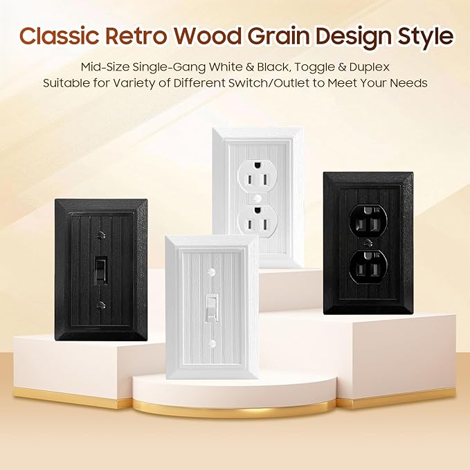 Classic Retro Wood Grain Design Style, 12-Pack White Outlet Covers Plate, Modern Decorative Electric Receptacle Light Switch Cover Plates (1-Gang Duplex Mid-Size)