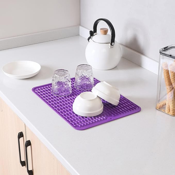 Silicone Dish Drying Mat for Multiple Usage,Easy clean,Eco-friendly,Heat-resistant Silicone Mat for Kitchen Counter or Sink,Refrigerator or drawer liner Purple L 16 inches x 12 inches