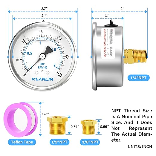 MEANLIN MEASURE 0~30Psi Stainless Steel 1/4" NPT 2.5" FACE DIAL Liquid Filled Pressure Gauge WOG Water Oil Air Center Back Mount, with 1/2" NPT and 3/8" NPT Hex Bushing
