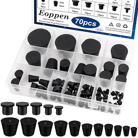 70Pcs 16 Sizes Solid Rubber Stoppe & Silicone Hole Plug Assortment Kit Flexible Rubber Stoppers Waterproof Sealing Plugs for Kitchens, Flask, Plug Holes, Bathtub