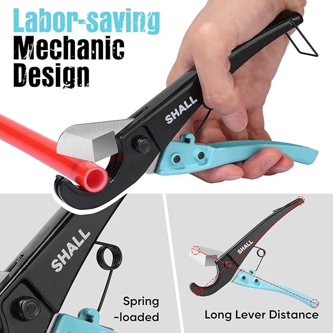 SHALL PEX Pipe Cutter, Cuts up to 1-3/8’’, Fast Tubing Cutter for PEX, Plastic Hoses, PVC, CPVC, PP-R, PE (Thin), etc., Aluminum Alloy Pipe Cutting Tool with Stainless Steel Blade for Clean Cut