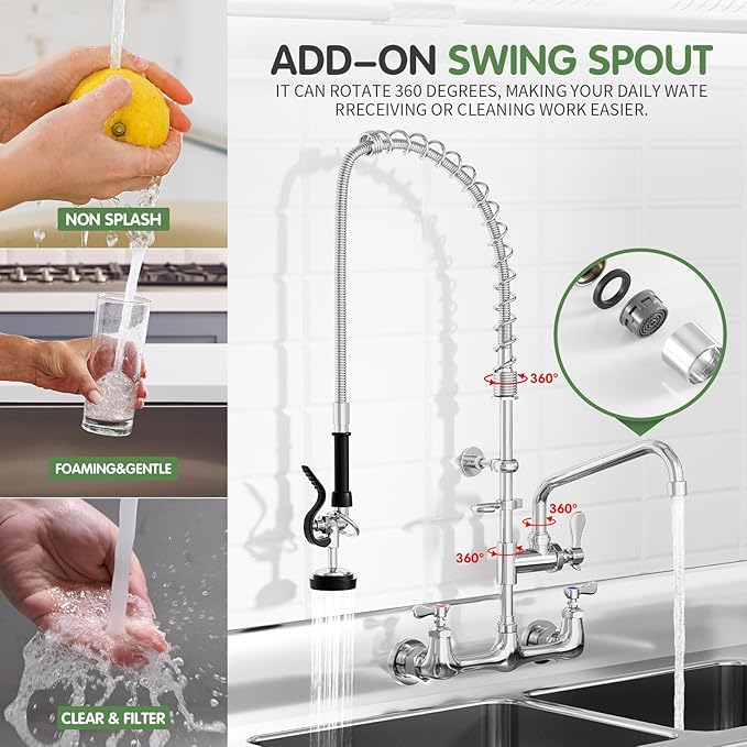 Commercial Sink Faucet,TOLSUNY Commercial Kitchen Faucet Wall Mount with Pre Rinse Sprayer,Wall Mounted Kitchen Sink Faucet for Industrial and Restaurant Sinks. (Classic, 36)